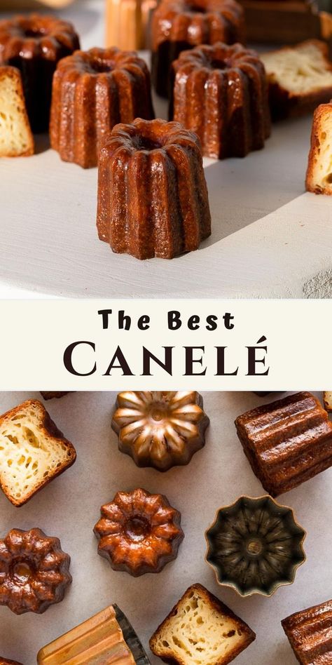 baked caneles on serving board and on baking pan with molds Baking Cookies Recipes, Canele Recipe, Baked Makeup, Baking Photos, Girl Aesthetic Wallpaper, French Pastries Recipes, Baking Recipes Desserts, Aesthetic Baking, French Sweets