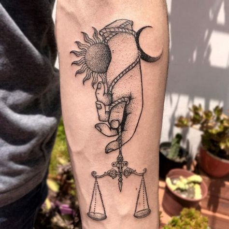 Libra Tattoo Sleeve, Libra Pictures, Libra Tattoo Ideas, Libra Tattoos, Libra Zodiac Tattoos, Tattoo Perna, Tattoo Sleeve Ideas, Balance Tattoo, 42 Tattoo