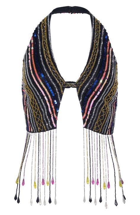 Sparkly stripes of beads and sequins decorate this party-ready halter top dripping with glistening fringe that sways with every step. Exclusive retailer Back hook-and-eye closure Deep halter V-neck Lined 100% polyester Hand wash, dry flat Imported 70s Rave Outfit, Sparkly Concert Outfit, Iii Points, Fringe Halter Top, Lucky Daye, Tiktok Fits, Bead Bra, Festival Fits, Rave Looks