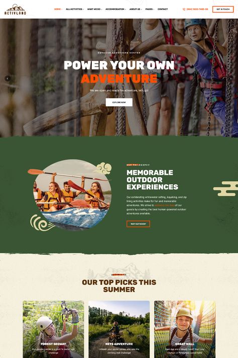 ActivLand is a WordPress theme designed specifically for websites related to outdoor activities, adventure sports, and recreational pursuits. Camp Website Design, Summer Camp Website, Park Website Design, Camping Website Design, Outdoor Website Design, Adventure Website Design, Nature Website Design, Outdoor Website, Fishing Website