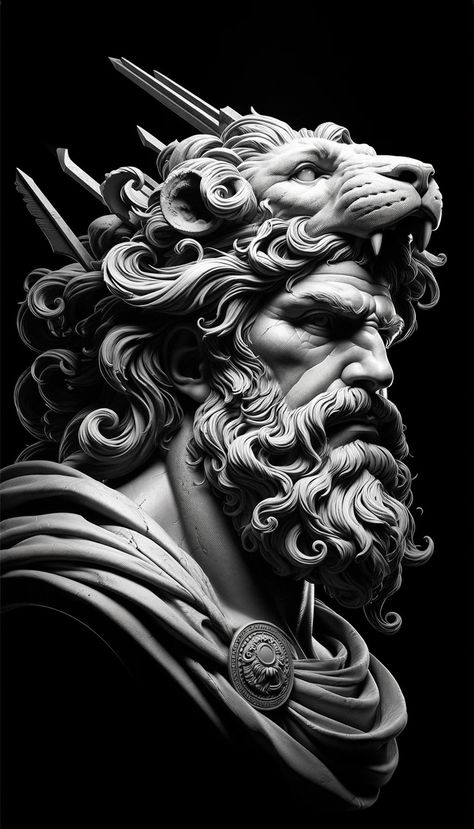 Greek Mythology Perseus, Hercules Statue Tattoo, Greek God Concept Art, Greek Shoulder Tattoo, Roman Gods Tattoo, Perseus Tattoo Design, Hercules Tattoo Design, Greek Mythology Creatures, Hercules Design