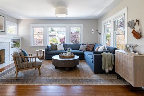 Earth tone living room with blue sectional by Marin County interior designer California Daydreams. California Design Interior, Earth Tone Living Room, Blue Couch Living Room, Family Friendly Living Room, Blue Sectional, Blue Couch, House Family, Blue Couches, Living Room Update