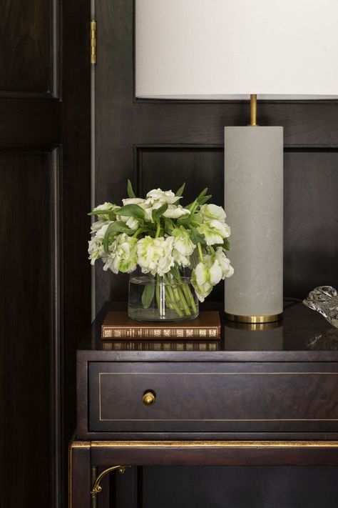 French Nightstand, Marie Flanigan Interiors, Marie Flanigan, Brown French, Alabaster Lamp, Brass Knobs, Elegant Homes, New Classic, Architectural Digest