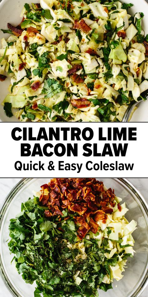 This cilantro lime bacon coleslaw recipe is the ultimate addition to your next taco night or summer barbecue. Shredded cabbage is tossed with zesty cilantro lime goodness and crispy bacon bits for a mouthwatering slaw recipe! Bacon Slaw, Hygge Food, Easy Coleslaw, Spring Meals, Cookout Side Dishes, Camping Menu, Inflammatory Recipes, Shredded Cabbage, Slaw Recipe