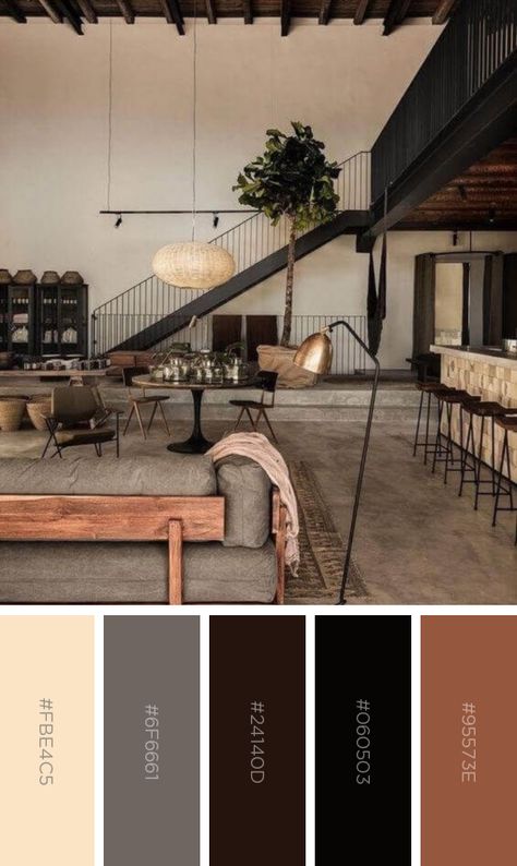 Modern Industrial Interior Color Palette, Modern House Interior Color Schemes, Industrial Decor Color Palette, Dark Neutral Color Palette Living Room, Contemporary Interior Color Palette, Color Pallet Living Room, Masculine Colors Palette, Industrial Home Color Palette, Masculine Bedroom Color Palette