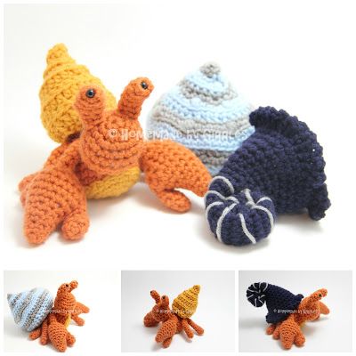 Crocheted Stuffed Animals, Crochet Sea Creatures, Crochet Fish, Haken Baby, Hermit Crab, Shell Pattern, Knitted Toys, Sea Animals, Crochet Dolls