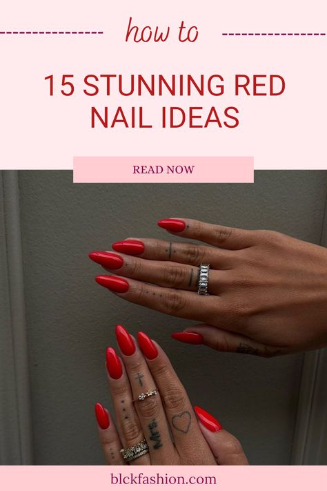 Get ready to take your manicure to the next level with these 15 stunning red nail ideas. From glossy finishes that grab attention to playful patterns that showcase your personality, red nails can fit any occasion. Discover designs that are perfect for every season—perfect for special nights out or everyday wear. Whether you're an individual who likes classic styles or someone who enjoys bolder looks, you'll find amazing inspiration here. Red is a timeless choice that never goes out of style, so try these nail designs today! Red Nails For Tan Skin, Red Oval Nails With Design, Almond Red Nails Design, Red Nails Dark Skin, Best Red Nail Polish, Gel Nails Red, Red Nail Ideas, Deep Red Nails, Cheetah Print Nails