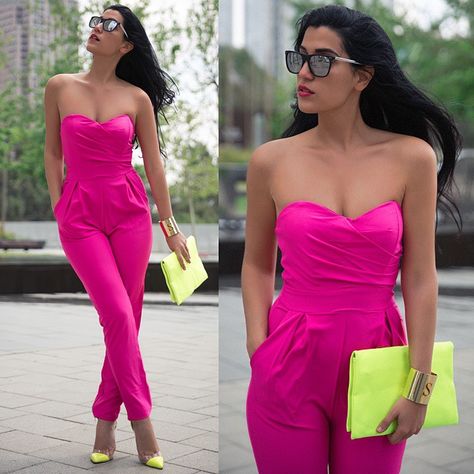 Woke up in a pink mood again ;-) @tfnclondon jumpsuit #ckos clutch Hot Pink Jumpsuit, Jumpsuit Outfit Wedding, Hot Pink Jumpsuits, Hot Pink Romper, Bandage Jumpsuits, Glitter Rosa, Fall Fashion Skirts, Oufits Casual, Outfits 2016