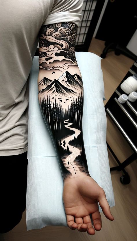 Mens Sleeve Tattoo Ideas Nature, Forrest Tattoo Forearm Men, Forest Sleeve Tattoo For Men, Mens Nature Tattoo Sleeve, Nature Sleeve Tattoo For Men, Men Arm Tattoos Sleeve, Outdoor Tattoos For Men, Mountain Tattoo Sleeve, Camaro Art