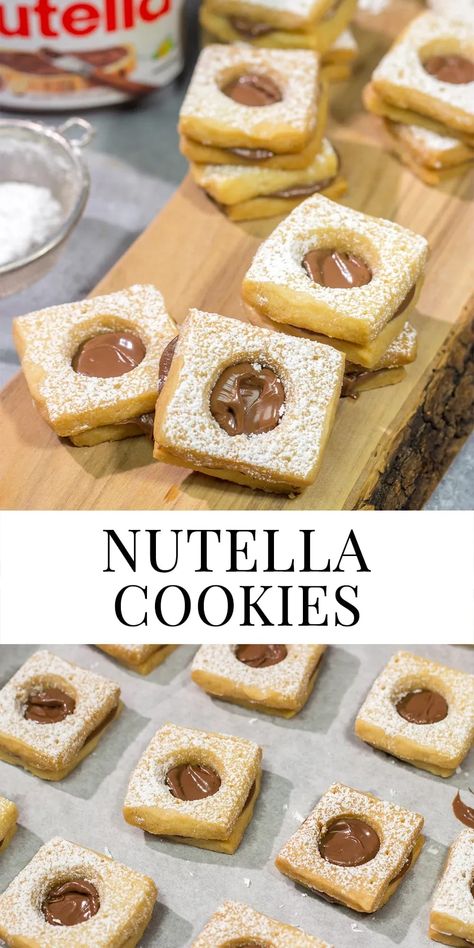 These Nutella Cookies feature buttery shortbread cookies with a schmear of Nutella in between. Good luck eating just one! Cookies With Nutella Filling, Christmas Cookies With Nutella, Nutella Shortbread Cookies, Nutella Shortbread, Nutella Filling, Best Chocolate Desserts, Best Food Photography, Buttery Shortbread Cookies, Buttery Shortbread