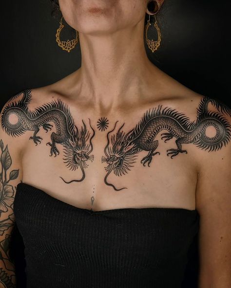 Mens Chest Shoulder Tattoo, Blacked Out Chest Tattoo, Chest To Neck Tattoo Female, Decorative Chest Tattoo, Collarbone Chest Tattoo, Arm To Chest Tattoo, Gemini Chest Tattoo, Chest Woman Tattoo, Symmetric Chest Tattoo