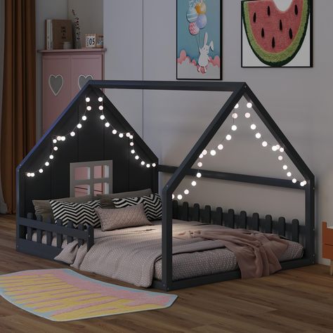 PRICES MAY VARY. 🥇🥇 【Montessori Bed Full Size: Playhouse Design】Add an amusing touch to your kid’s bedroom with this Full size montessori bed frame. Featuring a house shape headboard and a cute window,fenced side rails for a fun bedroom environment that your child will love. This kids house tent bed can be harmoniously matched with a variety of furniture in your home. 🥇🥇 【House Floor Bed with High Fence and Door】The safety of this twin size house floor bed is certified by Children's Product House Toddler Bed Boy, Floor Canopy Bed, Floor Bed Queen Size, Montessori Floor Beds, Fun Kids Bed, Floor Bed For Twins, Montessori Bed Decoration, Kid House Bed, Montessori Floor Bed Toddler