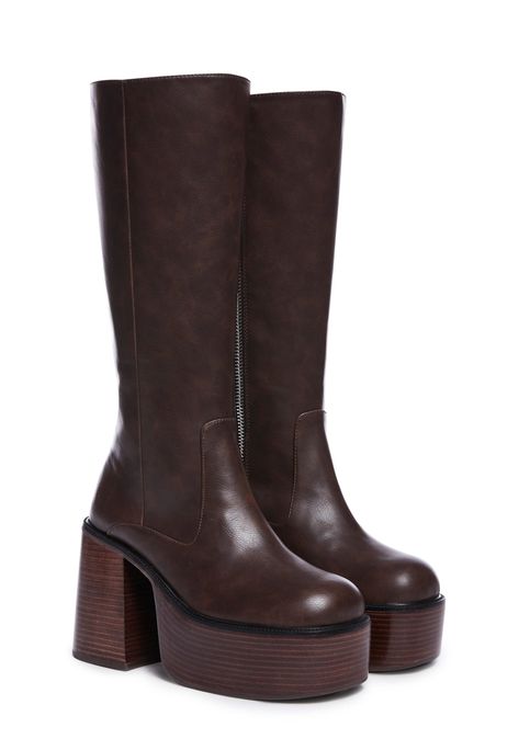 cuz you always go for the classics. These retro knee high boots have a vegan leather construction, chunky platform soles with block heels, and side zip closures. Dark Brown Platform Boots, Cool Winter Boots, Brown Go Go Boots, Platform Boots Vintage, Knee High Fall Boots, 70s Platform Sandals, 70s Platform Heels, Platform Fall Shoes, Chunky Fall Boots