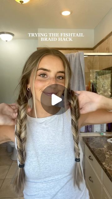 Maddy Millard on Instagram: "So much quicker and easier than a regular fishtail!! The perfect summer hairstyle! 🤩

 #hair #hairtok #hairstyle #hairinspo #hairtutorial #hairideas #summerhair #summerhairstyles #easyhairstyles #easyhairstyles  #quickhairstyle #heatlesshairstyles #hairhack #braidhack #fishtailbraid #braids #hairtip #utahgirl #longhair" Braids To Keep Hair Off Face, Cute Hairstyles For The Beach, Two Fishtail Braids, Fishtail Braid Tutorial, Fishtail Braid How To, Fishtail Hairstyles, Fishtail Braid, Fishtail Braid Hairstyles, Braiding Your Own Hair