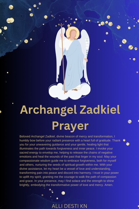 This prayer calls upon Archangel Zadkiel, the angel of mercy and forgiveness, to guide you towards healing and spiritual growth. Through his compassionate presence, release negativity, embrace forgiveness, and open your heart to transformative peace. Let his divine light inspire grace and inner harmony in your life. #archangelzadkiel #prayerforforgiveness #mercyandtransformation #spiritualhealing #divinelight Archangel Zadkiel Prayer, Zadkiel Archangel, Archangel Raziel, Prayer For Mercy, Angel Of Mercy, Archangel Zadkiel, Prayer For Forgiveness, All My Loving, Pranic Healing