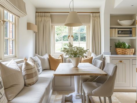 Woodmancote Family Home, Cotswolds AONB  Hardwearing and easy to maintain upholstery fabric was required for the dining banquette seating cushion.  We specified @dedarmilano “Capucine - Avorio” with exceptionally high rub count and fabric composition including linen, wool and cotton.  The scatter cushion fabrics were sourced from @elitisfrance with easy to maintain fabrics in mustard and neutral tones.  #timelessdesign #durablefabrics #sustainabledesign #diningbanquette #cotswoldhomes Banquette Window Seating, Window Bench Seating, Dining Banquette Seating, Banquette Window, Catering Food Displays, Banquette Seating In Kitchen, Banquette Bench, Dining Banquette, Corner Seating