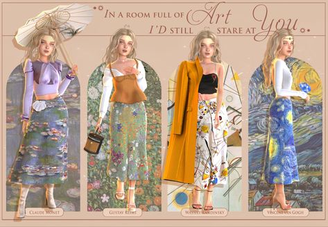 Sims 4 cc lookbook Sims 4 Artist Clothes, Sims 4 Cc Lookbook, Ts4 Lookbook, Cc Lookbook, Sims Lookbook, Art Skirt, Sims Clothes, Artist Outfit, Sims 4 Cc