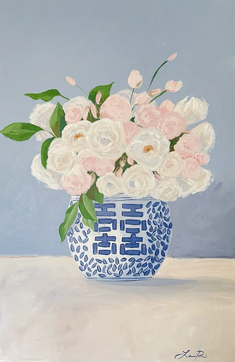 "Charmed by Pink" 24x36x1 1/2 acrylic on stretched canvas. This piece was inspired by my personal collection of ginger jars and florals. Ginger Jar Painting, Chinoiserie Paintings, Ginger Jar Art, 21st Birthday Banner, Jar Painting, Hydrangea Painting, Watercolor Flowers Tutorial, Apartment Art, Pink Hydrangea