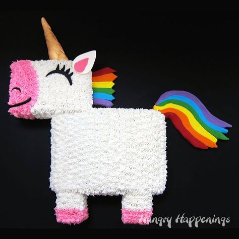 You won't believe how easy it is to transform a 9x13 sheet cake into this delightful Rainbow Unicorn Cake with a colorful candy clay mane and tail. 4de Verjaardag, Rainbow Unicorn Cake, Pink Frosting, Edible Gold, Modeling Chocolate, Unicorn Cake, Colorful Candy, Unicorn Birthday Parties, Rainbow Cake