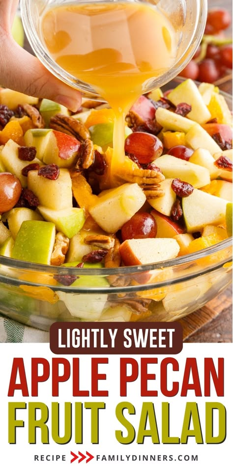 Delicious apple fruit salad with warm fall spice dressing. This easy fruit salad is perfect for Thanksgiving or Christmas. If you have been looking for a lighter and healthier holiday side dish, then this Thanksgiving fruit salad is the perfect recipe for you. It combines crunchy apples, sweet grapes, tangy oranges, dried cranberries and toasted nuts for the most delicious fruit medley. A sweet and citrusy dressing with just the right hint of warming spices makes this fruit salad out of this wor Easy Apple Salad, Apple Fruit Salad, Holiday Fruit Salad, Fall Fruit Salad, Thanksgiving Fruit Salad, Thanksgiving Fruit, Easy Fruit Salad, Easy Fruit Salad Recipes, Fruit Medley