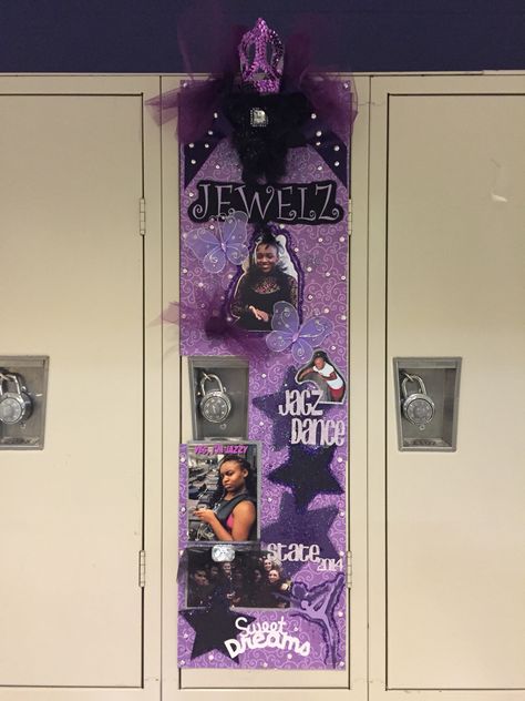 This year's locker decoration for state dance competition Dance Competition Decorations, Drill Team Locker Decorations, Dance Door Decorations, Dance Team Locker Decorations, Dance Competition Poster Ideas, Dance Locker Decorations, Senior Locker Decorations Ideas, Cheerleading Locker Decorations, Birthday Locker Decorations