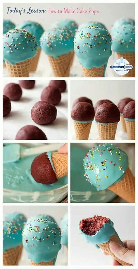 Cake pops Ice Cream Cone Cake Pops, Ice Cream Cake Pops, Red Velvet Ice Cream, Kue Macaroon, Ice Cream Cone Cake, Cake In A Cone, Cake Ball, Cake Pop Decorating, Cake Pops How To Make