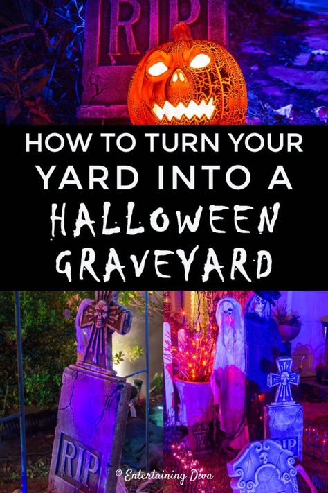 Halloween Graveyard Ideas, Halloween Yard Haunt, Diy Halloween Graveyard, Haunted Decor, Halloween Fence, Halloween Gravestones, Halloween Lighting, Halloween Cemetery, Diy Halloween Pillars