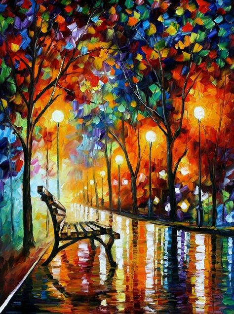 Autumn Abstract Painting colorful art abstract autumn fall painting  #MyVSFallEdit Art Amour, Art Horizontal, Leonid Afremov, Galleria D'arte, Walking In The Rain, Wow Art, Oil Painting Landscape, In The Rain, Art Abstrait