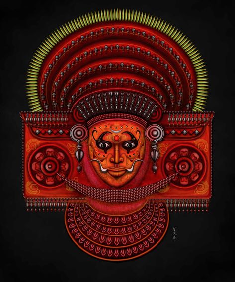 Kerala Culture Art, Theyyam Sketch, Theyyam Aesthetic, Theyyam Art Drawing, Theyyam Tattoo Designs, Muthappan Theyyam Painting, Muthappan Drawing, Theyyam Wallpaper, Muthappan Theyyam