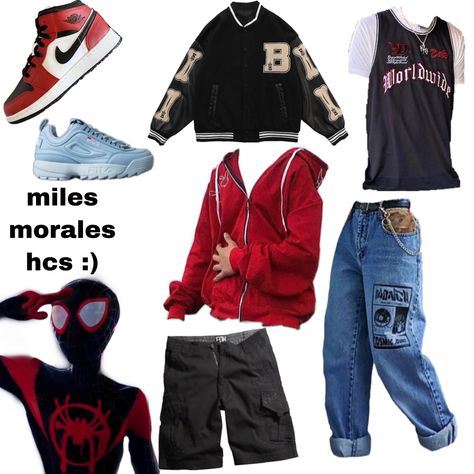 Spider Man Outfit Y2k, Spider Man Inspo Outfit, Spiderman Clothing Aesthetic, Spider Verse Inspired Outfit, Miles Morales Clothes Aesthetic, Mile Morales Outfit, Miles Morales Themed Outfit, Outfits Inspired By Miles Morales, Spiderman Movie Outfits