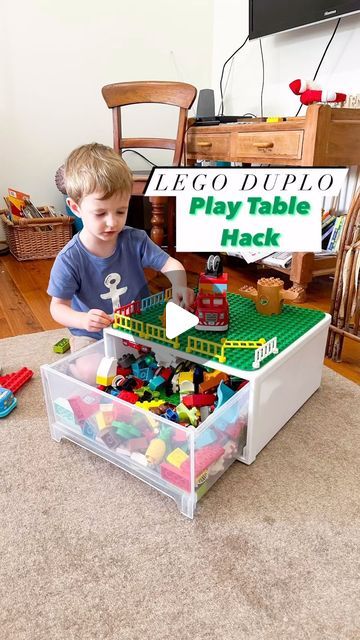 Jana - play, craft, DIY & playroom inspiration, UGC Creator on Instagram: "This little Duplo play table with storage space is one of my favourite travel hacks.  It’s super easy, super practical, and all you need is a Kmart storage drawer, a Duplo baseplate, and some velcro dots! After removing the sticker with the help of my hairdryer (another great hack ;), I popped the velcro dots on the drawer and then the Duplo baseplate on top. This drawer fits a fair amount of blocks and gives the kids an allocated spot to play with their Duplo. It’s also perfect for cleaning up so you don’t step on the Duplo blocks once the kids are in bed.  You can easily take the baseplate off the table if you like, just make sure to add the rough velcro dots on the table and the soft ones on the plate so the base Duplo Play Table, Duplo Play Ideas, Lego Duplo Storage Ideas, Lego Duplo Organization, Diy Duplo Lego Table, Duplo Lego Table, Duplo Table Diy, Duplo Organization, Lego Duplo Storage