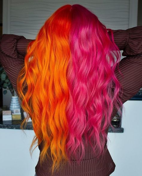 PRAVANA on Instagram: “s t a r b u r s t 💗🧡 | @steph.p.hair used @pravana VIVIDS Magenta and Sunstone for her pink formula, and added Neon Yellow to amplify the…” Cool Split Hair Dye Ideas, Hair Color Ideas Underneath Colour, Orange And Pink Hair, Dyed Hair Ideas, Split Dye Hair Ideas, Dye Hair Ideas, Split Dye Hair, Pink And Orange Hair, Colored Hairstyles