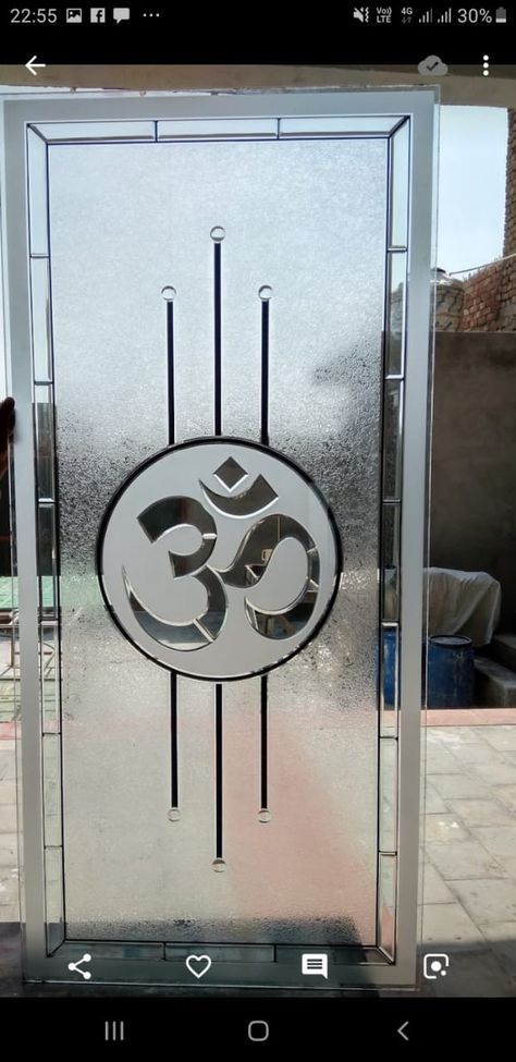 Mandir Mirror Door Design, Glass Etching Designs For Pooja Room, Glass Door For Mandir, Ganesh Glass Design, Temple Glass Door Design, Glass Design For Mandir, Pooja Room Glass Door Design Indian, Temple Glass Door Design For Home, Etched Glass Door Interiors