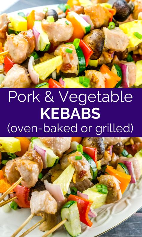 Pork Kabobs In The Oven, Kabob Recipes Oven, Pork Kebab Recipes, Pork Tenderloin Kabobs, Pork Kabobs On The Grill, Pork Shish Kebabs Recipes, Pork Skewers Oven, Pork Loin Kabobs, Marinated Pork Kebobs