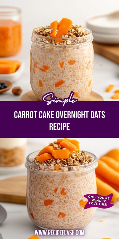 Indulge in a delicious Carrot Cake Overnight Oats recipe that combines wholesome oats, shredded carrots, and warm spices. Perfect for a quick breakfast or snack, these nutritious overnight oats are packed with flavor and goodness. Enjoy a guilt-free treat that satisfies your sweet cravings while fueling your day! Oat Carrot Cake, Carrot Cake Overnight Oats, Cake Overnight Oats, Creamy Oats, Overnight Oatmeal Recipes, Easy Carrot Cake, Cake For Breakfast, Cozy Morning, Carrot Cake Oatmeal