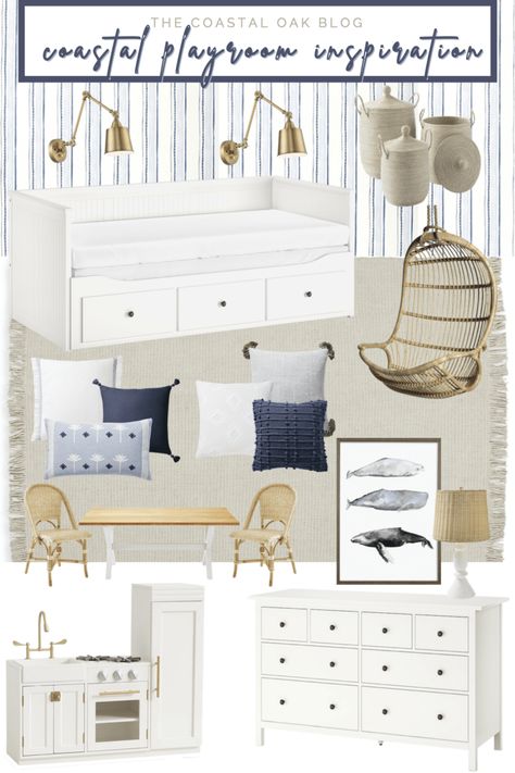 Coastal playroom inspiration with blue striped wallpaper, Serena & Lily hanging ratting chair, kid's table and bistro chairs, natural rug, brass wall sconces, and more. #coastal #coastalplayroom #blueplayroom #coastalkidsroom #serenaandlily #serenaandlilychair #hangingchair #rattanchair #bluedecor Coastal Playroom, Blue Striped Wallpaper, Blue Playroom, Hanging Rattan Chair, Coastal Oak, Playroom Inspiration, Brass Wall Sconces, Playroom Wallpaper, Stripe Wall