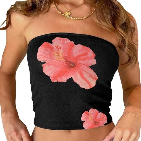 2000s Clothing, Strapless Shirt, Black Cami Top, Tops Style, Tube Tops, Streetwear Tops, Top Streetwear, Floral Outfit, Summer Tank