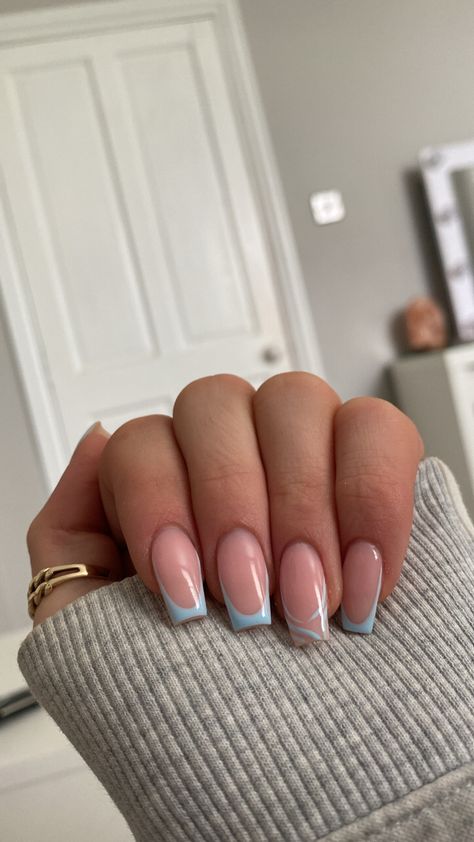 Unusual French Nails, Coffin Short Nail Ideas, Colours French Tip Nails, Nail Inspo Blue French Tip, Ballerina Short Nails Designs, Ballerina Summer Nails, Nails 2024 French, Blue French Tip Acrylics, Cute Ballerina Nails