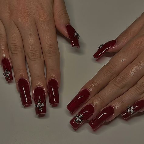 Red Douyin Nails, Vampy Nails, Deep Red Nails, Cross Nails, Red Acrylic Nails, Cherry Nails, Edgy Nails, Long Acrylic Nails Coffin, Short Acrylic