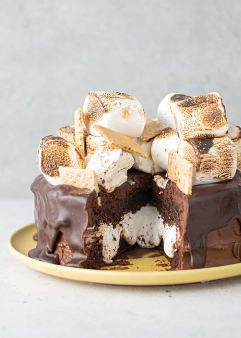 Easy Chocolate S'mores Cake - www.thescranline.com S'mores Cake Recipe, Smore Cake, Infused Chocolate, Chocolate Smores, Smores Cake, Cake Frosting Recipe, Chocolate Torte, Surprise Cake, Small Cakes