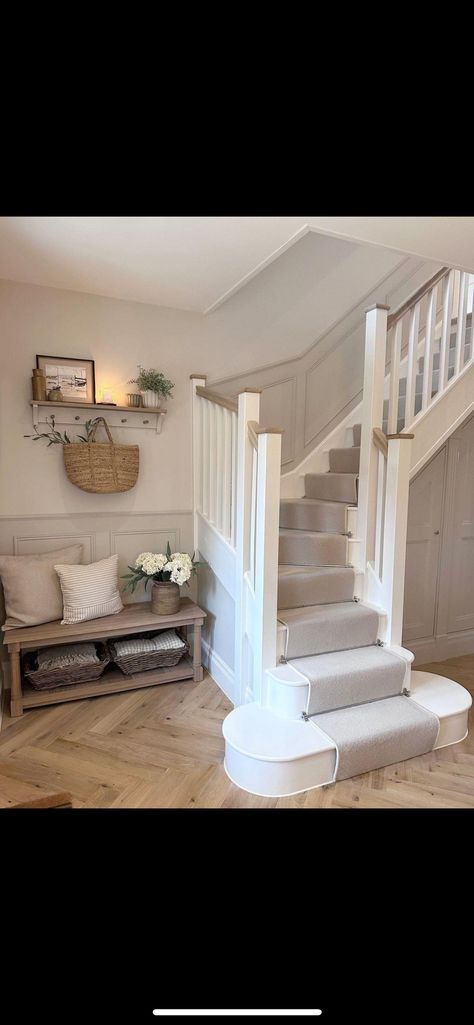 Upstairs Landing Ideas, Hall Stairs And Landing Decor, Stairs And Landing Decor, Hallway And Stairs Ideas, Council House Renovation, Hallway Panelling, Landing Decor, Stair Paneling, Small Staircase