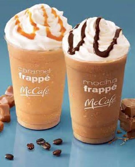 Frappe Recipe Mcdonalds, Mcdonalds Caramel Frappe, Mcdonalds Mocha Frappe, Caramel Frappe Recipe, Mocha Frappe Recipe, Frozen Coffee Drinks, Caramel Frappe, Mcdonalds Coffee, Homemade Frappuccino