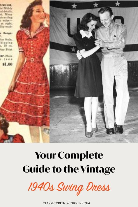 This post is all about Vintage 1940s Swing Dress Inspiration This is part of our 1940s dresses series. Other posts in the series: Your Guide to 1940s Dresses Formal Your Guide to the 1940s Cocktail Dresses 1940s Summer Dress - Your Casual Vintage Style Guide The Complete Guide to Women's 1940s Casual Dresses What is a Swing Dress? A swing dress is an A-line silhouette dress with a fitted waist and a looser skirt that would "swing" as you move, especially when dancing.  The swing dress has remained a fashion staple in contemporary fashion due to it's flattering silhouette. Why was the swing dress popular in the 1940s? In the 1940s, teenagers and adults both loved dancing.  Rumba and Swing were on fire, and Jitterbug was the craze!   Swing dancing is characterized by lots of s 1940s Dance Dress, 1940s Dresses Formal, 40s Fashion 1940s Style, 1940s Summer, Fashion 1940s Style, 1930 Dress, 1940s Costume, 40s Style Dresses, 1940s Outfits