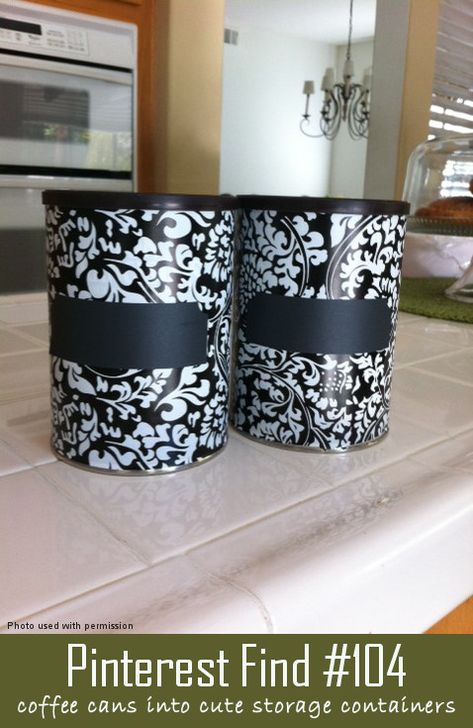 Turn tin coffee cans #10 and any other tin cans into designer storage containers | Easy DIY and budget friendly | Repurpose, recycle and upstyle your home Coffee Can Crafts, Diy Storage Containers, Craft Storage Containers, Reuse Containers, Oatmeal Container, Coffee Container, Tin Can Crafts, Coffee Tin, Pretty Kitchen