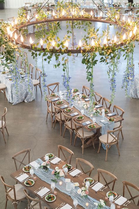 Rustic Glam Wedding Decor Reception Ideas, Flowers From Ceiling Wedding, The Farmhouse Montgomery Texas, Farmhouse Wedding Ideas, White Farmhouse Wedding, Dusty Blue Flowers, Powder Blue Wedding, Blue Wedding Receptions, Baby Blue Weddings