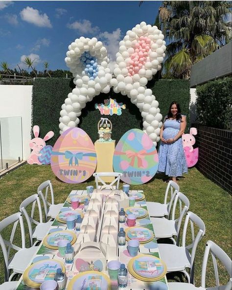 DIY Easter Decorations Which Are So Easy And Super Adorable - RecipeMagik Bunny Theme Gender Reveal, Easter Ballons Arch, Easter Party Backdrop, Gender Reveal Easter Theme, Easter Ballons Decor, Easter Bunny Photoshoot Ideas, Easter Themed Baby Shower Ideas, Easter Balloons Ideas, Bunny Balloon Arch