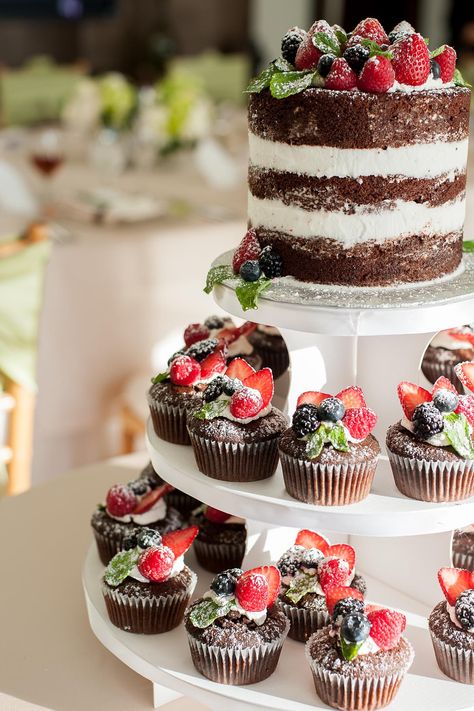 Naked cake and cupcakes with fruit topper, placed on a cupcake tree display. By A Cake Life - www.acakelife.com Cupcake Tree, Cake Displays, Fruits Decoration, Torte Cupcake, Cake And Cupcakes, Wedding Treats, Naked Cakes, Luxury Vehicles, Fruit Decorations