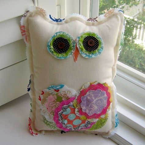 Cotton Appliqued Owl Flower Pillow - Gypsy Bloom Owl, No. 57 Pillow Pals, Whimsical Owl, Bird Party, Owl Pillow, Owl Party, Flower Embellishments, Owl Bird, Flower Pillow, Owl Art