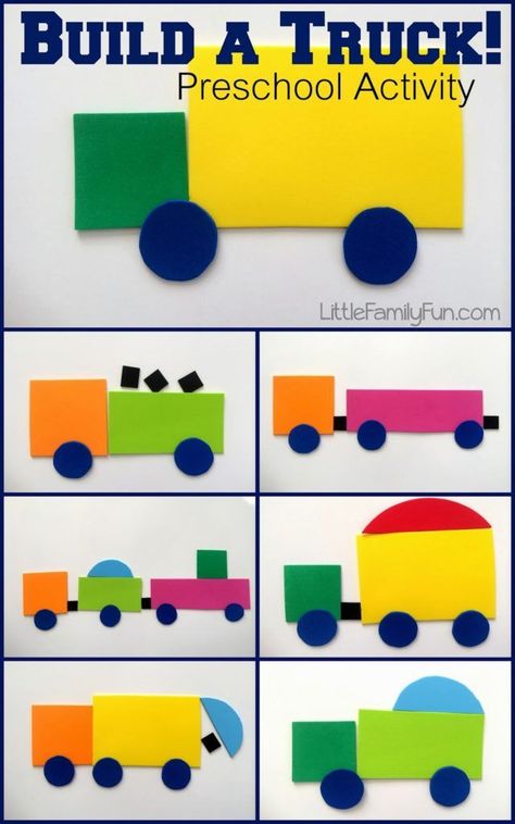 Build a shape truck, fun for transportation and construction themes in preschool and kindergarten. Compare and contrast in speech therapy too #transportationtheme  #preschool #constructiontheme Shapes Collage, Preschool Construction, Shapes Activity, Transportation Unit, Transportation Activities, Transportation Crafts, Transportation Preschool, Construction Activities, Shapes Preschool