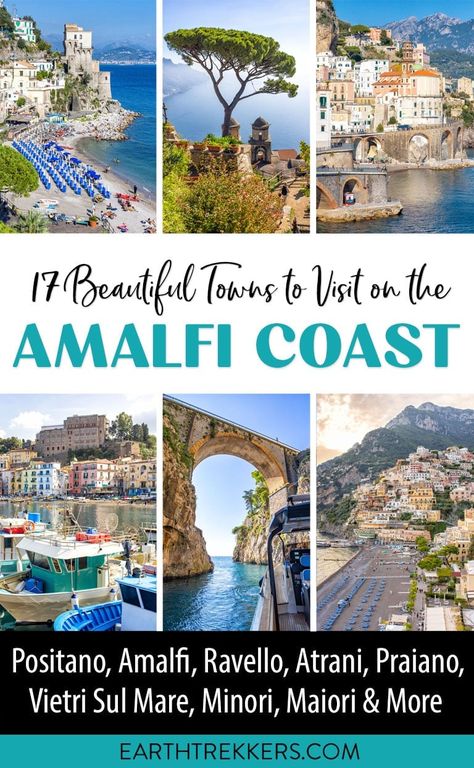 Best towns to visit on the Amalfi Coast, Italy. Includes Positano, Amalfi, Ravello, Atrani, Tramonti, Vietri sul Mare, Cetara, Nerano, Sorrento, Salerno and more. Plus, how to get to each town and what to do once you are there. Amalfi Coast Map, Almafi Coast Italy, Earth Trekkers, Positano Italy Amalfi Coast, Amalfi Coast Towns, 10 Days In Italy, Salerno Italy, Italy Trip Planning, Amalfi Coast Positano